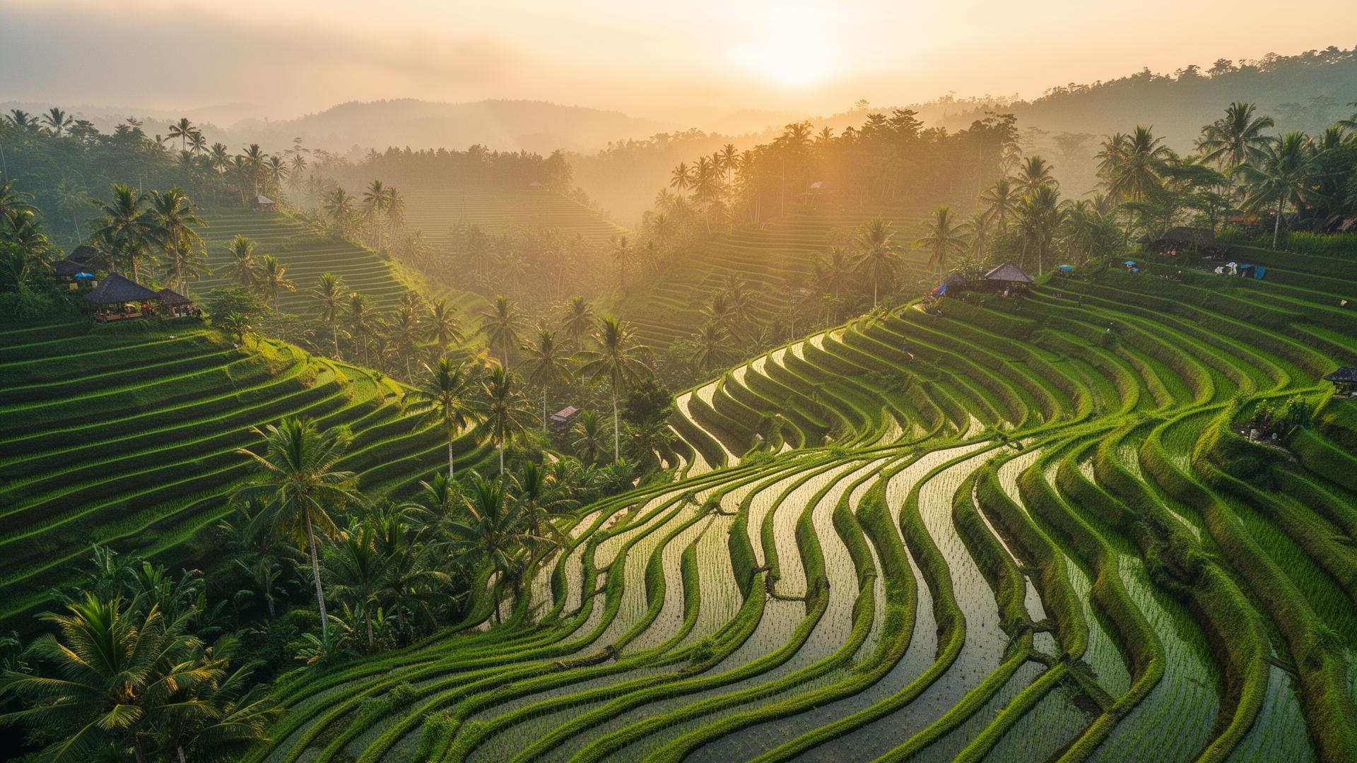 Aerial view of Bali rice terraces at sunrise